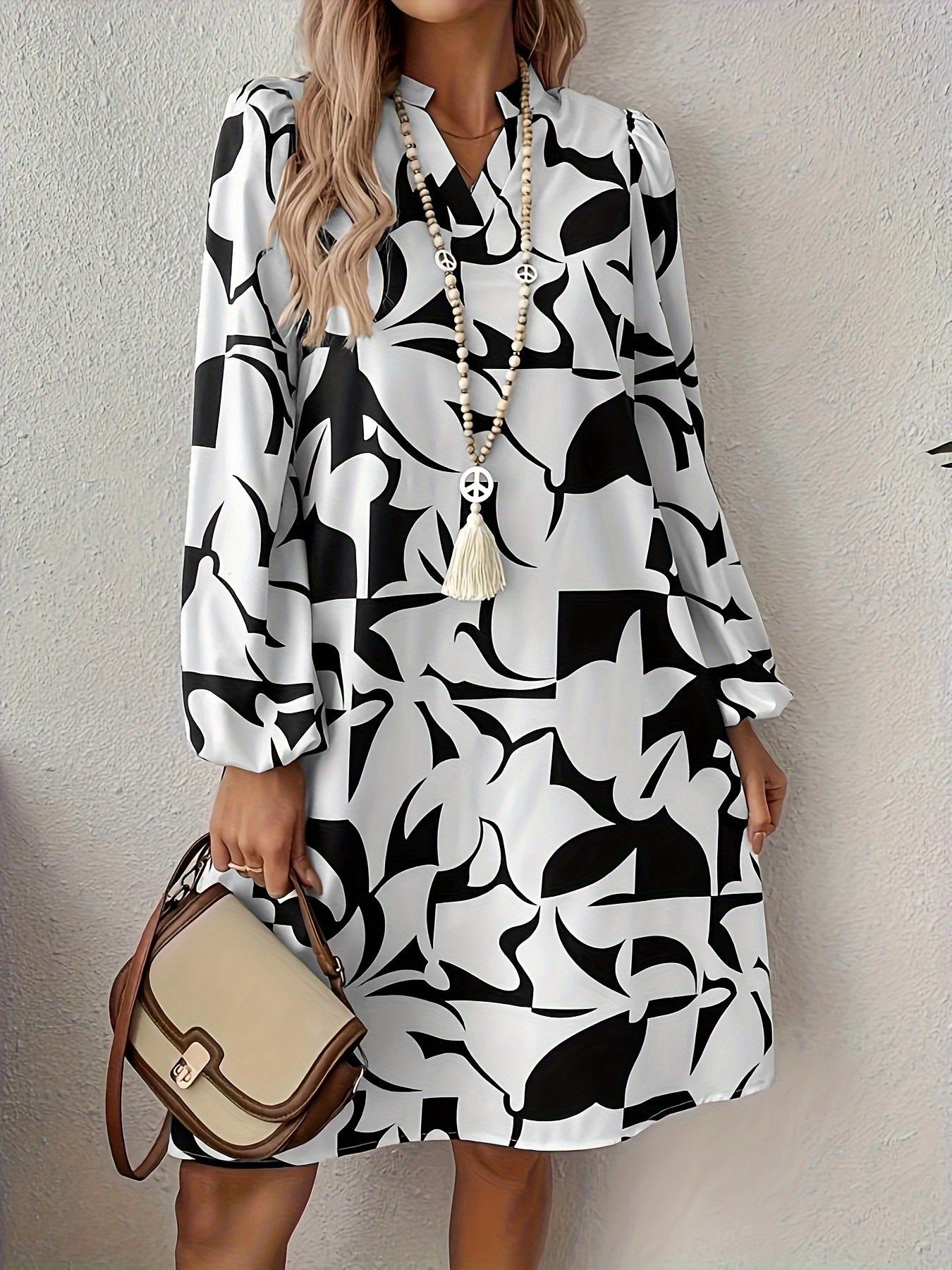 long sleeve trapeze dress pattern Adrianna Papell Women's Mock Neck Chiffon Printed Dress - Brown Multi