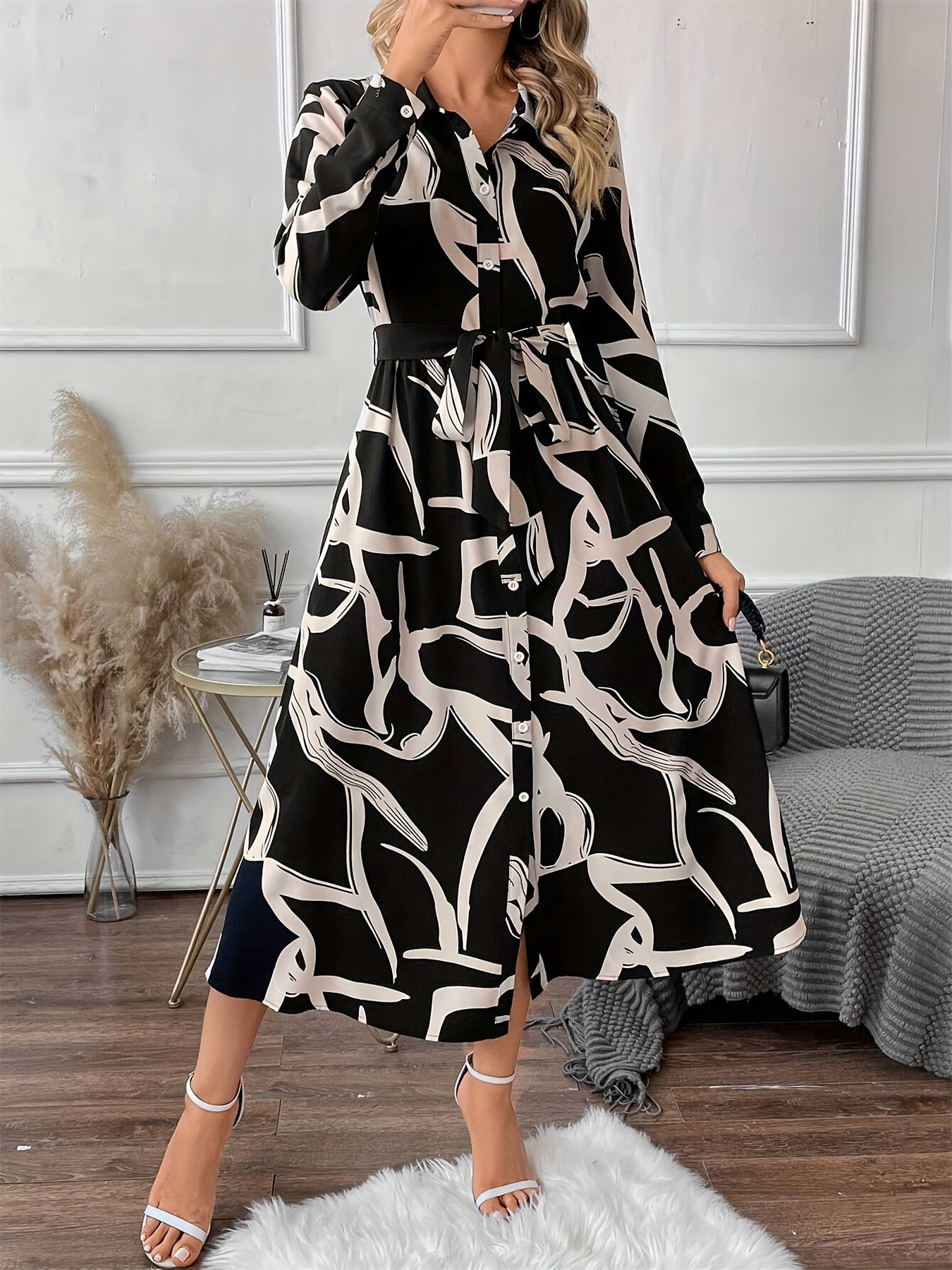 Women's Casual Printed Midi Dress with Belt – Long Sleeve Polo Collar, Loose Fit, Straight Hem, Perfect for Spring and Fall