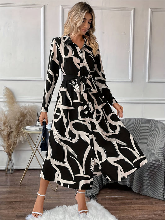 Women's Casual Printed Midi Dress with Belt – Long Sleeve Polo Collar, Loose Fit, Straight Hem, Perfect for Spring and Fall