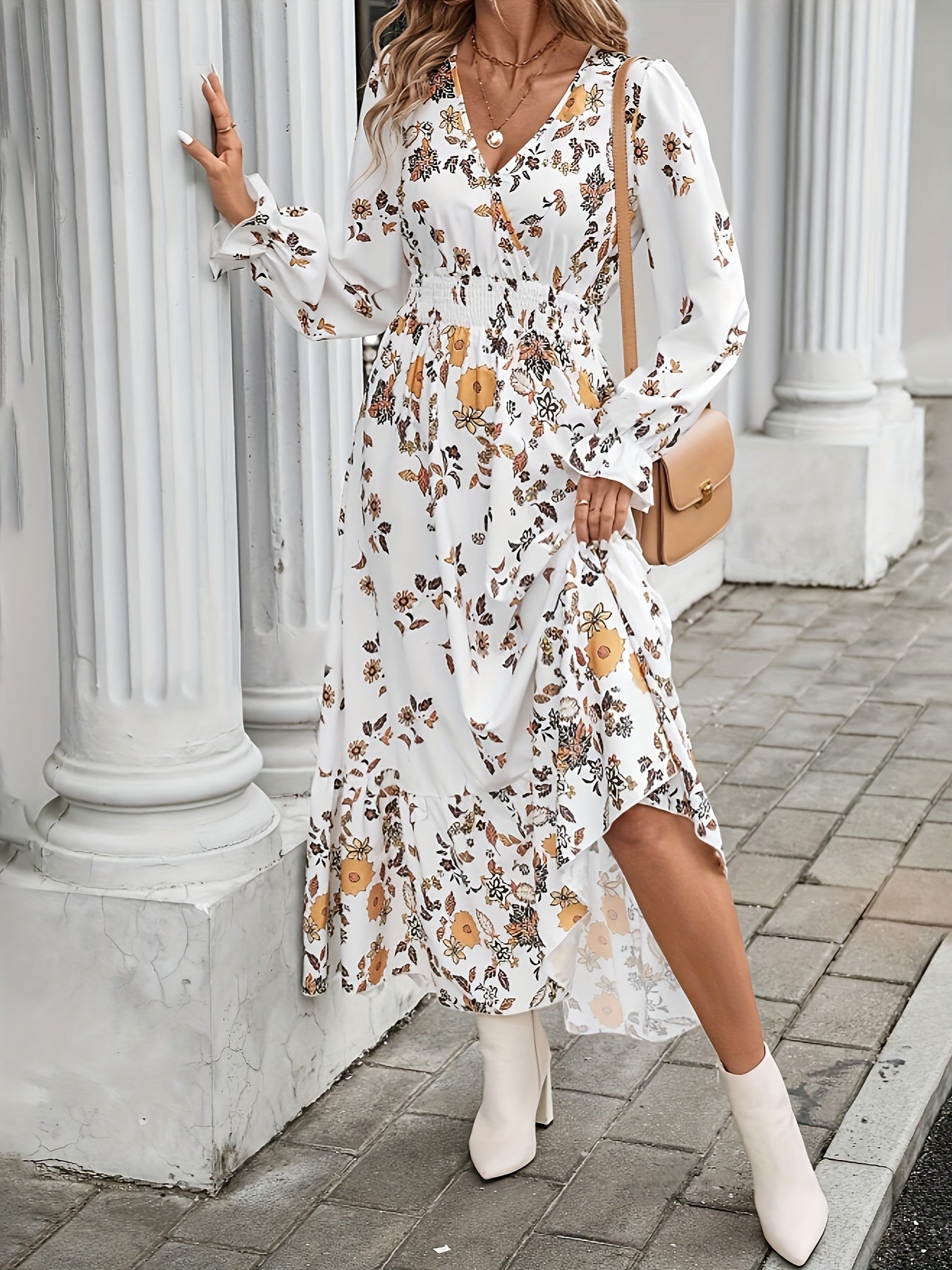 Print Long Dress with Cinched Waist – V-Neck, Ruffle Hem, Machine Washable Polyester, Perfect for Spring/Summer, Plus Size Elegant Dress