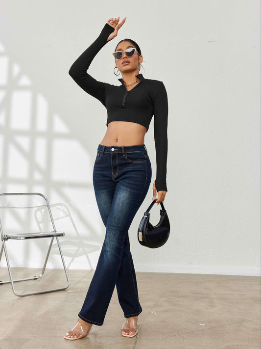 Elegant High-Stretch Flare Jeans for Women - Sexy Solid Color Denim with Slash Pockets, Machine Washable, Four Seasons